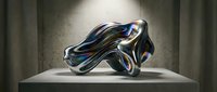 Contemporary metallic sculpture with flowing organic form and iridescent blue-gold finish displayed on white pedestal. Modern art installation for galleries, exhibitions, interior design.