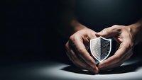 Hands protecting cybersecurity shield symbol representing data protection and digital security concepts for business technology solutions.