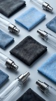 Microfiber cleaning cloths and spray bottles arranged in organized pattern for household cleaning and maintenance tasks on white background.
