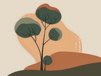 Minimalist landscape with stylized trees against rolling hills in earthy tones of green and terracotta, featuring retro textures and organic shapes.