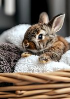 Adorable dwarf rabbit with brown and white fur resting in cozy wicker basket with soft blankets, close-up portrait showing bright blue eyes and fuzzy ears.
