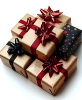 Festive gift boxes with red and black ribbons and metallic bows arranged on white background for holiday celebrations and special occasions.
