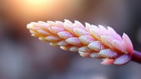 Pink and white tropical flower bud with water droplets in soft morning light against blurred background, macro photography showing delicate natural details.