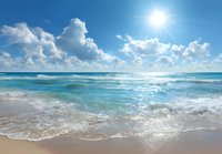 Bright sun shining over tranquil turquoise ocean waves gently washing onto sandy beach with fluffy white clouds in blue sky. Perfect for travel and vacation concepts.
