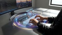Professional businessman using futuristic holographic interface technology with glowing digital elements in modern office workspace for business innovation.