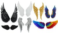 Angel wings collection with black, white, golden and colorful rainbow feathered designs isolated on transparent background for tattoo art and fantasy graphics.