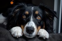 Close up portrait of Australian shepherd dog with black white and brown fur resting head on paws, looking at camera with expressive amber eyes against dark background.