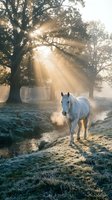 White horse standing in misty morning meadow with golden sunlight filtering through ancient trees and frost-covered grass, ideal for nature and equestrian themes.