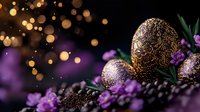 Ornate golden Easter eggs with intricate patterns nestled among purple spring flowers against dark background with magical bokeh lights and glitter effect.