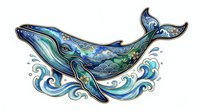 Decorative whale with ornamental patterns swimming through stylized ocean waves, isolated on white background for design projects, apparel printing, and creative artwork applications.