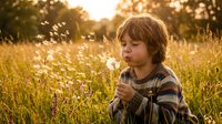 Young boy with light brown hair and fair complexion, wearing a striped shirt, holding dandelion in a sunlit meadow during golden hour. Suitable for childhood, nature, and seasonal campaigns.