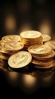 Stacks of shiny golden coins with heart engravings arranged on dark surface with warm bokeh lighting, symbolizing wealth, savings, investment, and financial success.