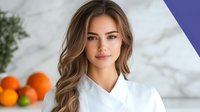 Young woman with long brown wavy hair and fair complexion wearing white v-neck shirt, standing in modern kitchen with marble backsplash and fresh citrus fruits, suitable for lifestyle and wellness content.