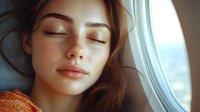 Young woman sleeping peacefully on airplane during flight with natural sunlight streaming through window. Travel comfort and relaxation concept.