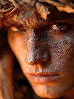 Ancient weathered stone sculpture face with intricate carved details and warm golden lighting creating dramatic shadows for artistic and historical projects.