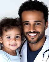 Smiling Middle Eastern male doctor in white coat with stethoscope holding happy toddler child in medical office for pediatric healthcare consultation.