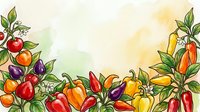 Watercolor garden vegetables and fruits border with fresh produce including tomatoes, peppers, and leafy greens on isolated background for culinary design projects.