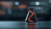 Glowing red DNA helix structure floating in glass laboratory flask against dark background, scientific research visualization for biotechnology and genetics.