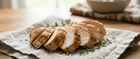 Sliced roasted chicken breast with fresh rosemary garnish on linen cloth, ready for cooking content, food styling, and culinary publications.