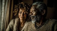 African American senior man with gray beard smiling warmly with young woman in cozy home setting, representing family bonding and intergenerational relationships.