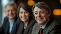Confident mature businessman smiling at camera with diverse team colleagues in modern office setting for corporate leadership and teamwork concepts.