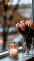 Fresh coral tulips in glass vase next to glowing candle on windowsill create cozy atmospheric scene with soft bokeh background and natural lighting.