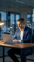 Mature Caucasian businessman working on laptop with holographic data visualization in modern office at evening. Executive analyzing digital analytics and technology.