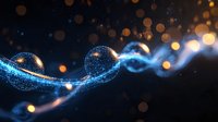 Glowing blue wave of particles with golden bokeh lights flowing on dark background creates magical atmosphere for festive designs and presentations.