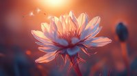 Delicate pink chrysanthemum flower petals illuminated by warm sunset light creating dreamy bokeh effect, with soft blurred background and flying dandelion seeds.