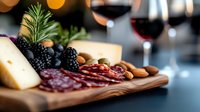 Gourmet charcuterie board with assorted cheese, salami, fresh blackberries, almonds and rosemary garnish served with red wine on wooden serving platter.