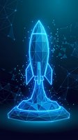 Futuristic rocket launch with glowing blue wireframe design and geometric network connections for technology and innovation concepts.