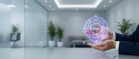 Businessman holding glowing digital security shield with holographic lock icon in modern office space, representing cybersecurity and data protection technology.