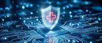 Digital healthcare security shield with medical cross floating above circuit board technology background for cybersecurity and data protection concepts.