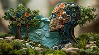 Artistic quilling paper craft depicting profile silhouette with swirling patterns in blue and copper tones, surrounded by miniature paper trees and natural elements.