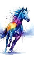 Vibrant watercolor horse galloping with rainbow gradient colors and paint splashes on white background for creative design projects.