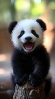 Smiling baby panda cub sitting on tree stump shows joyful expression with open mouth and bright eyes against soft blurred natural background.