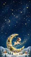 Whimsical goat leaping over golden floral crescent moon against starry night sky with snowy winter village landscape below, festive holiday greeting card artwork.