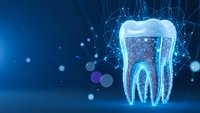 Digital tooth with glowing network connections on blue background for dental technology and healthcare innovation concepts.