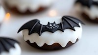 Black bat-shaped Halloween donut with white frosting and decorative wings on blurred background with bokeh lights, festive holiday treat for seasonal party.