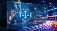 Professional businessman interacting with digital legal compliance interface featuring justice scales and regulatory technology concepts.