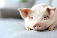 Close up portrait of adorable pink piglet with curious expression lying on grey surface, soft focus on cute snout and ears, domestic farm animal concept.