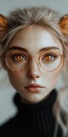 Close-up portrait of young woman with striking amber eyes wearing round glasses and black turtleneck sweater against light background, soft natural lighting.