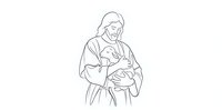 Hooded figure holding baby in tender embrace, minimalist line art style on white background, perfect for religious and spiritual design projects.