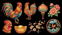 Chinese New Year rooster clipart set with lantern, peony, gold ingot, sakura branch, isolated on transparent background, ready for T-shirts, stickers, print on demand.