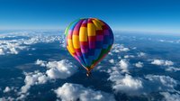 Vibrant rainbow-colored hot air balloon floating high above white fluffy clouds against deep blue sky, aerial perspective capturing freedom and adventure spirit.