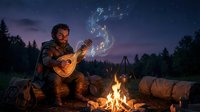 Middle-aged Caucasian man playing acoustic guitar by campfire under starry night sky with musical notes floating in smoke, outdoor camping adventure.
