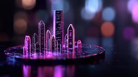 Futuristic miniature cityscape with glowing pink and purple neon skyscrapers on reflective surface against dark bokeh background, cyberpunk style urban scene.