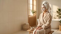 Young Caucasian woman in beige bathrobe and towel relaxing in modern bathroom after shower, enjoying peaceful morning spa routine at home.
