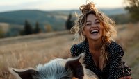 Young woman with blonde messy hair laughing while horseback riding in countryside wearing polka dot dress at golden hour, expressing pure joy and freedom in nature.