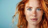 Close-up portrait of young woman with red curly hair and freckles against blue background, showcasing natural beauty for cosmetic advertising.
